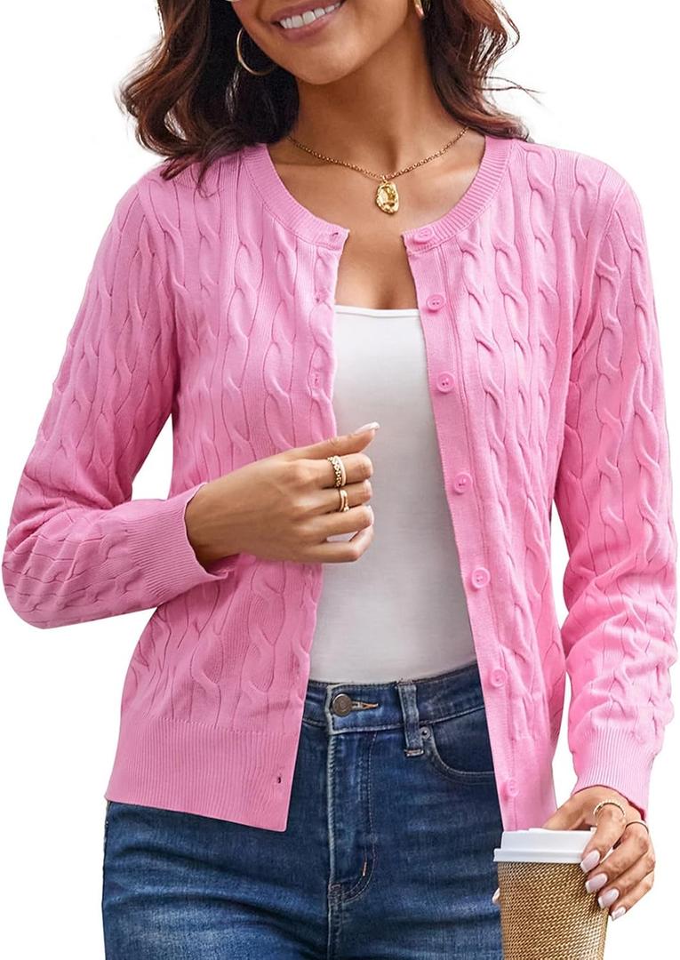 GRACE KARIN Womens Long Sleeve Button Up Cable Knit Cardigan Lightweight 2026 Crewneck Button Down Sweaters for Women (Large, Pink)