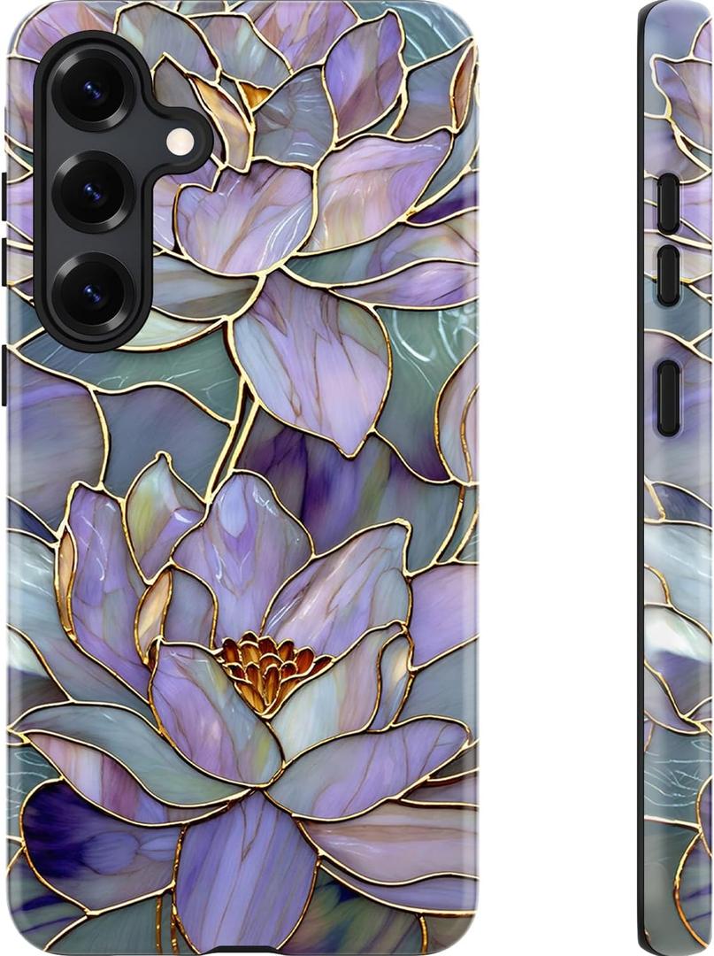 Esdot for Samsung Galaxy S24 Case - Wireless Charging Compatible  Dual-Layer Soft Silicone + Hard Shell - Wildflower Design - Protective Phone Cover for Women Girls - Abstract Lotus