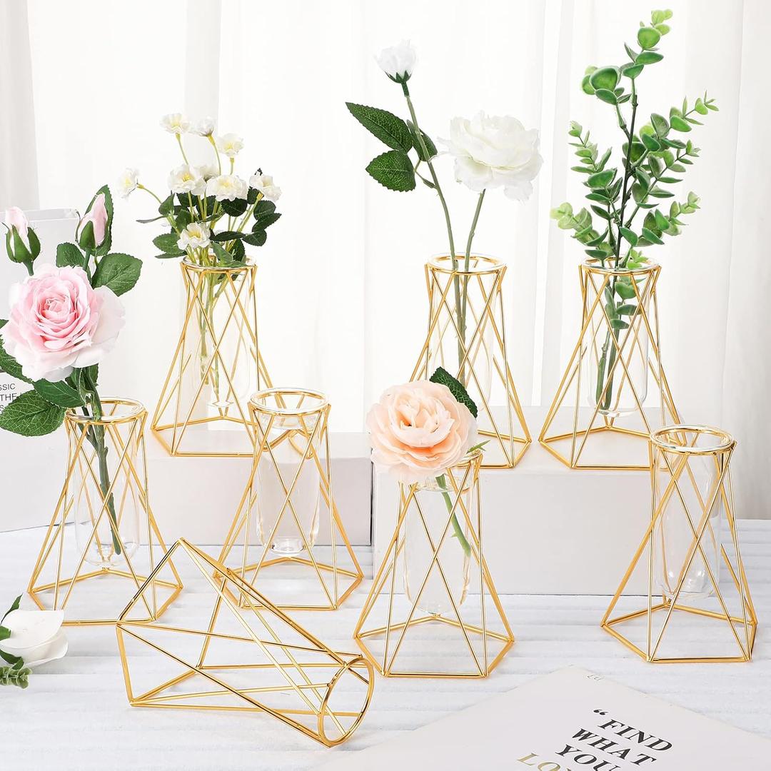 Roshtia 8 Set Gold Glass Vase for Centerpieces Metal Geometric Test Tube Vase Modern Hydroponic Flower Stand with Glass Cylinder for Flowers Plant Wedding Office Home Centerpiece (6.3 Inch)