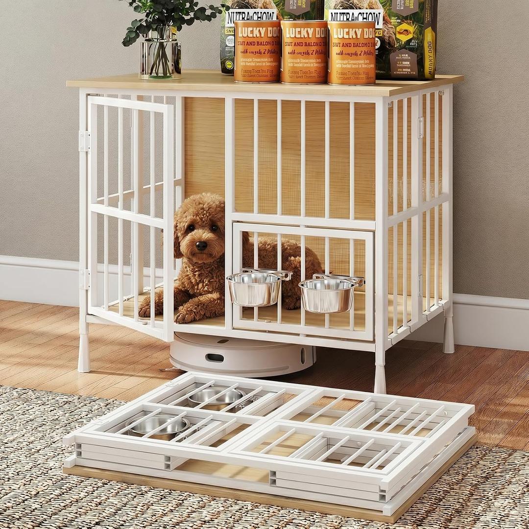 Hadulcet 27'' Foldable Dog Crate Furniture, Small Dog Kennel with 2 Bowls