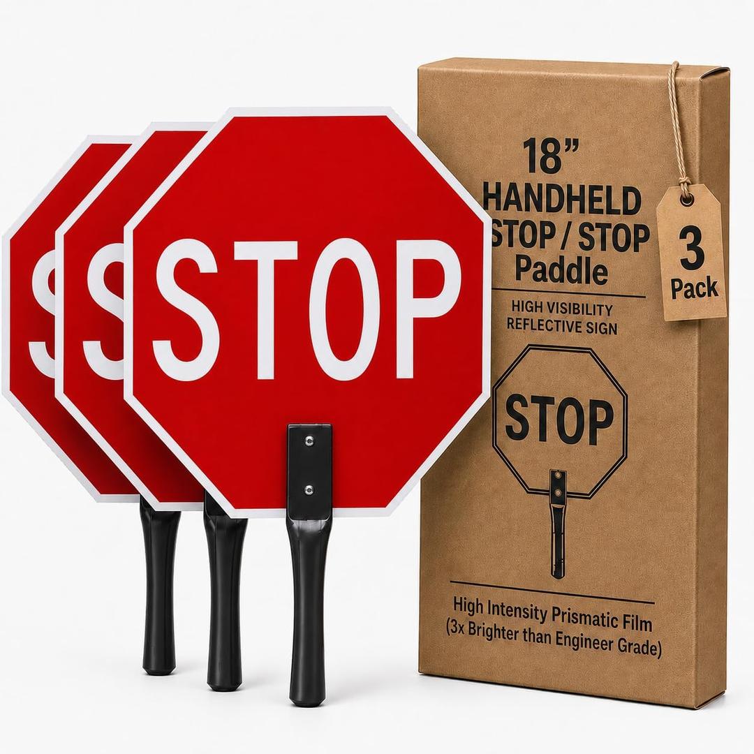 Hand Held Stop Sign With Handle, 18x18, 3 Pack, Aluminum Composite