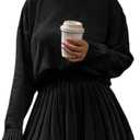 Jenisso Women's 2 Piece Outfits Turtleneck Long Sleeve Oversized Pullover Sweaters and Pleated Mini Skirt Two Piece Sets, XS