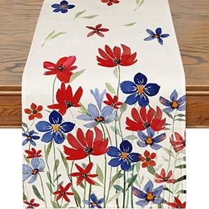 Siilues Patriotic Table Runner, Memorial Day Decor Floral Table Runner 4th of July Decorations for Home Vintage Patriotic Table Runner Independence Day Home Party Table Decorations (13'' x 90'')