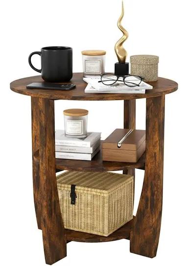 ZEXVIDA Rustic Brown Round Side Table, 3-Tier End Table with Storage Shelves, Farmhouse Nightstand for Bedroom, Small Accent Table for Living Room Sofa, 19.7" D x 21.7" H
