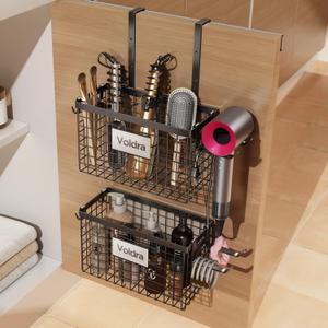 Voldra 2 Pack Hair Dryer Holder Cabinet Door, Adhesive Hair Tool Organizer Wall Mount Adjustable Height Blow Dryer Holder Under Sink for Flat Curling Iron, Hair Straightener Brush(Black)