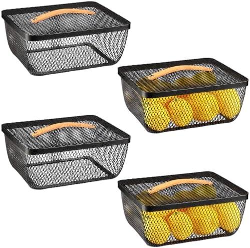 Tandefio 4 Pcs Metal Mesh Basket with Lid and Wooden Handle 9.65 x 7.68 Inch Wire Storage Basket Garden Baskets Organizer Containers for Vegetable Fruit Picnic Kitchen Bathroom (Black)