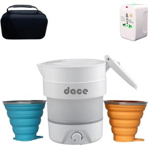 Portable Foldable Electric Travel Kettle, 800ML/27oz, White with Two Folding Cups, 110V & 220V Dual Voltage, Food Grade Silicon, Universal Travel Adaptor for US/EU/AUS and Case