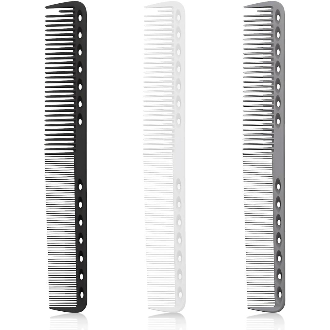 3-Piece Carbon Fiber Salon Hairdressing Comb Set - Fine Cutting Comb for Men & Women - Heat Resistant - Black, Grey, White