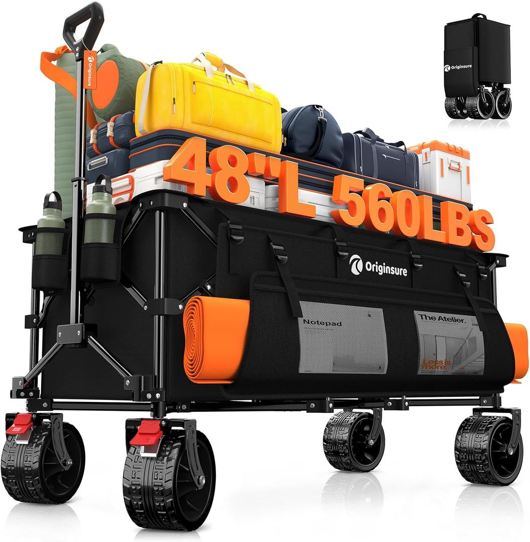 48" L Collapsible Wagon Cart Foldable, 560lbs Weight Capacity 300L Heavy Duty Folding Beach Wagons with Big All-Terrain Wheels, Utility Carts for Groceries, Shopping, Camping, Sports - Black