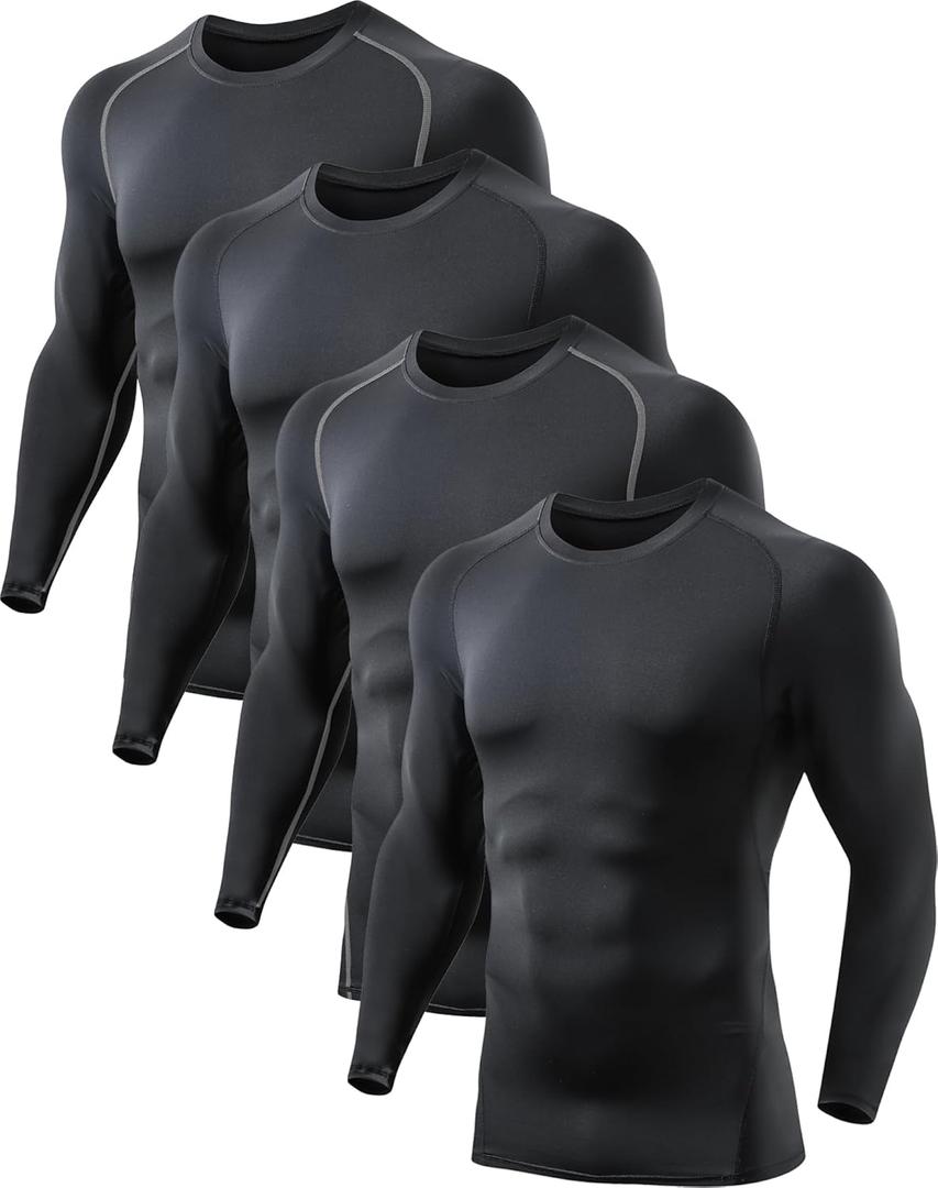 4 Pack Men's Compression Shirts Long Sleeve UPF SPF Rash Guard Workout Base Layer Undershirt Gear (Medium)