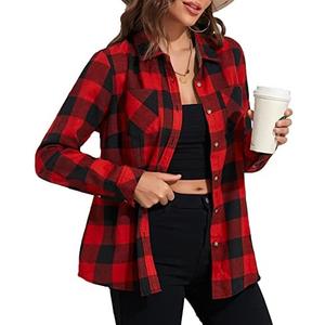 Deer Lady Plaid Flannel Shirts for Women Buffalo Plaid Shirts Oversized Long Sleeve Casual Button Down Blouse Top size large