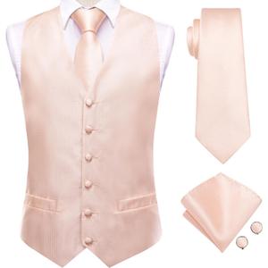 Hi-Tie Mens Peach Pink Silk Suit Vest Tie Set Paisley Formal Waistcoat Necktie Handkerchief Cufflinks for Business Wedding Tuxedo (White, M)
