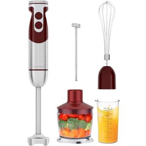 MegaWise Pro Titanium Reinforced 5 in1 Immersion Hand Blender, Powerful with 80% Sharper Blades, 12 Speed Corded Blender, Including 500ml Chopper, 600ml Beaker, Whisk and Milk Frother (Red)