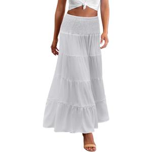 Zeagoo Women's Long Maxi Skirts Elastic Layered High Waist Boho Tiered A-Line Casual Midi Dress White, Large