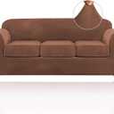 PrinceDeco Velvet Couch Covers for Sofa Soft 4 Pieces Couch Covers for 3 Cushion Couch Sofa Pet Friendly Furniture Protector with Non Slip Elastic Bottom Width Up to 90 Inch (Large, Caramel)
