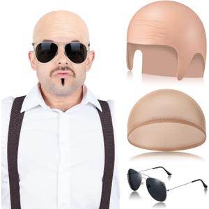 Mepase Bald Caps with Glasses Nylon Makeup Latex Bald Head Wig Cap for Men Women Adults Cosplay Party Costume Accessories (12.9 x 7.48 Inch)