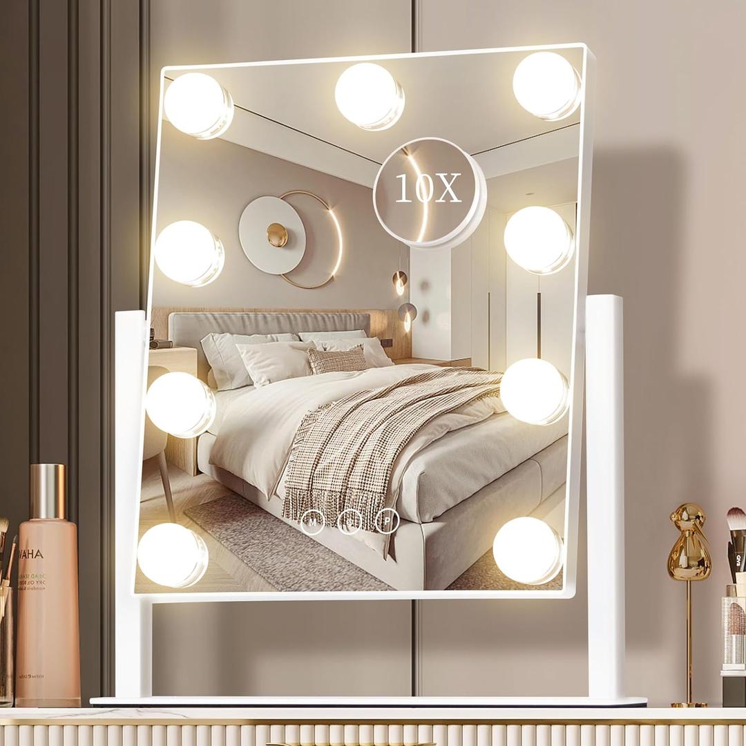 Vanity Mirror with Lights, Makeup Mirror with Lights,3 Color Lighting Modes Detachable 10X Magnification Mirror Touch Control,360Rotation, White.