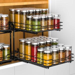 RCHYFEED Spice Rack Organizer for Cabinet, 2 Tier Pull Out Spice Racks for Inside Cabinets & Pantry, Height Adjustable Heavy Duty Vertical Spice Shelf for Seasoning Organizer(9.5" Wx10.5 Dx9.5 H) Black