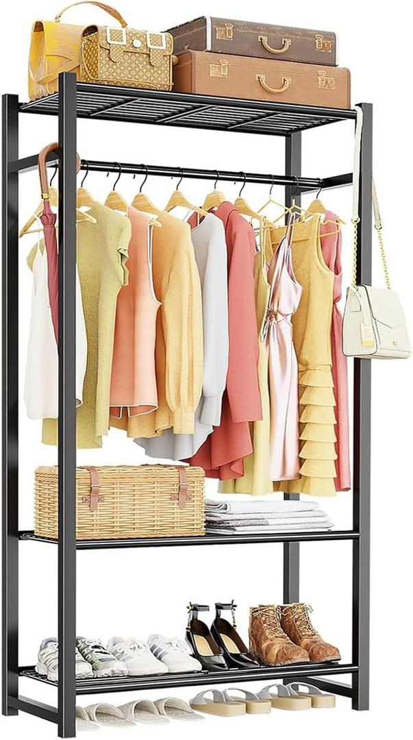 Clothing Rack for Hanging Clothes with 3 Shelves for Luggage Box Storage, Freestanding Mini Garment Rack 30" x 12" x 62",Black