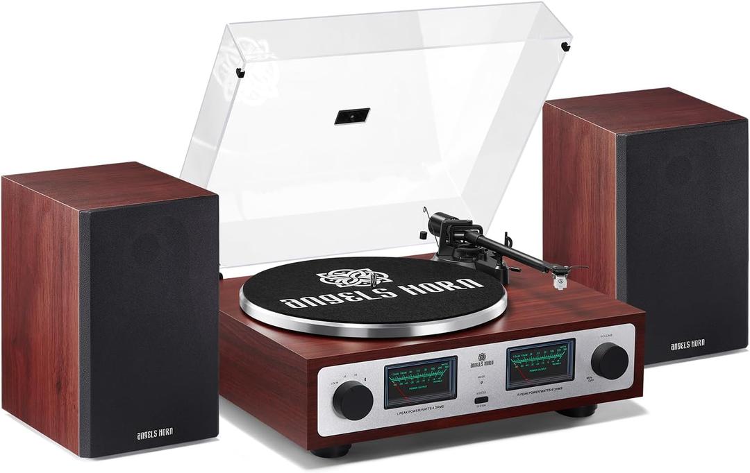 ANGELS HORN Bluetooth Turntable with Speakers, Vinyl Record Player System with AT-3600L, Built-in Phono Preamp, Belt Drive 2-Speed, Adjustable Counterweight, Pitch Control Hi-Fi Record Player System