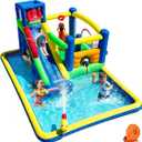 Baralir Upgrade 14.3x13.5FT Inflatable Water Park & Bounce House with Large Splash Pool, Long Slide, Climbing Wall, Basketball Hoop, Craw-Through Hole and Tunnel for Endless Summer Fun