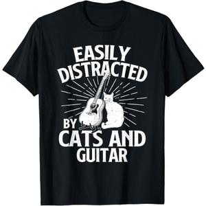 Easily Distracted By Cats And Guitar - Music Animal Lover T-Shirt, 2XL