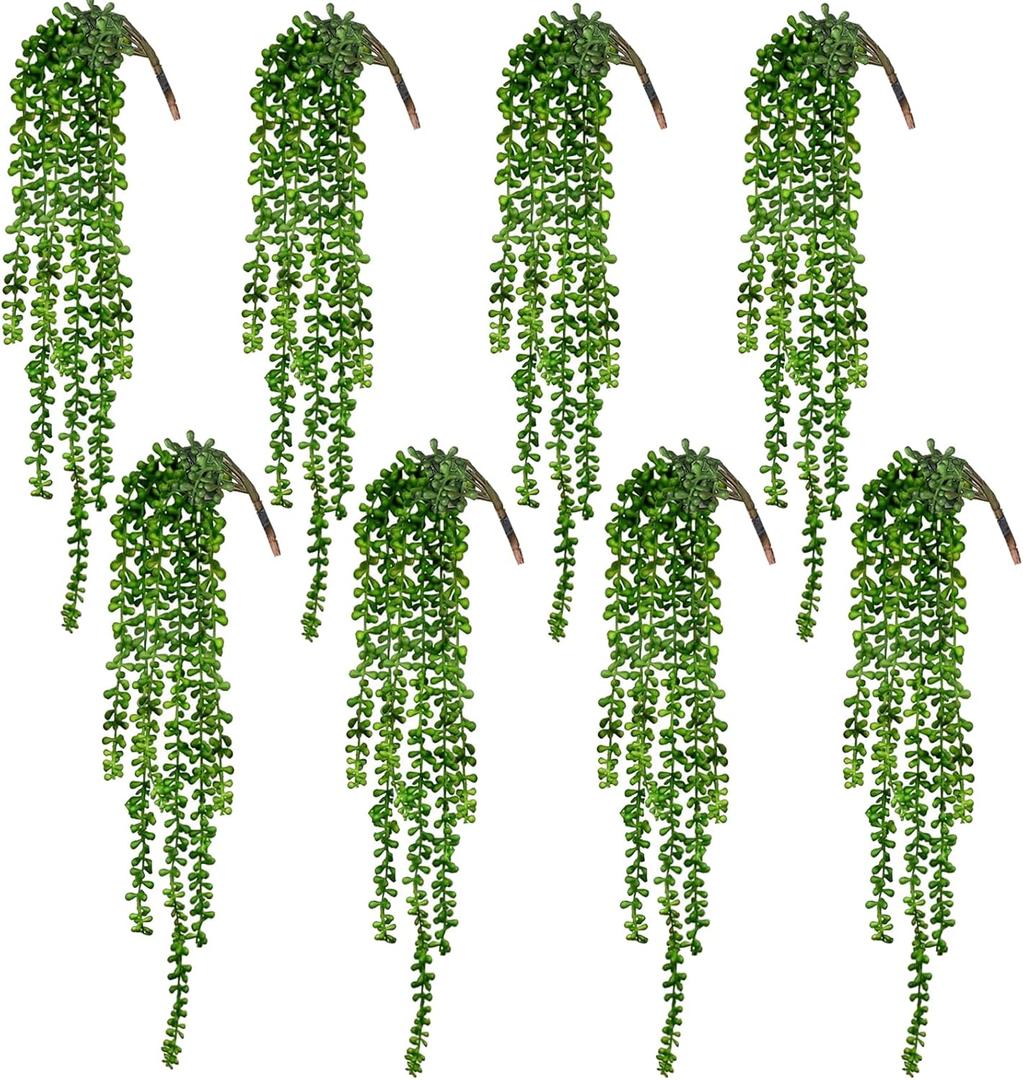 CEWOR 8pcs Artificial Succulents Hanging Greenery Plants Fake String of Pearls for Wall Home Garden Outdoor Decor (24 Inches Each Length)