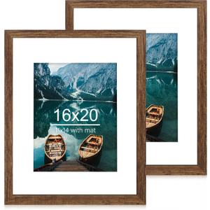 Hongkee 16x20 Frames Set of 2, Rustic Brown Wood Style - Display 16 x 20 Picture without Mat or 11x14 Picture with Mat, Wall Mounting Horizontal and Vertical