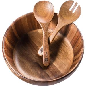 Wooden Salad Bowl, 12'' Acacia Wood Salad Bowls Set Large Salad Mixing Bowl with Servers-3-Piece Big Salad Bowl Set