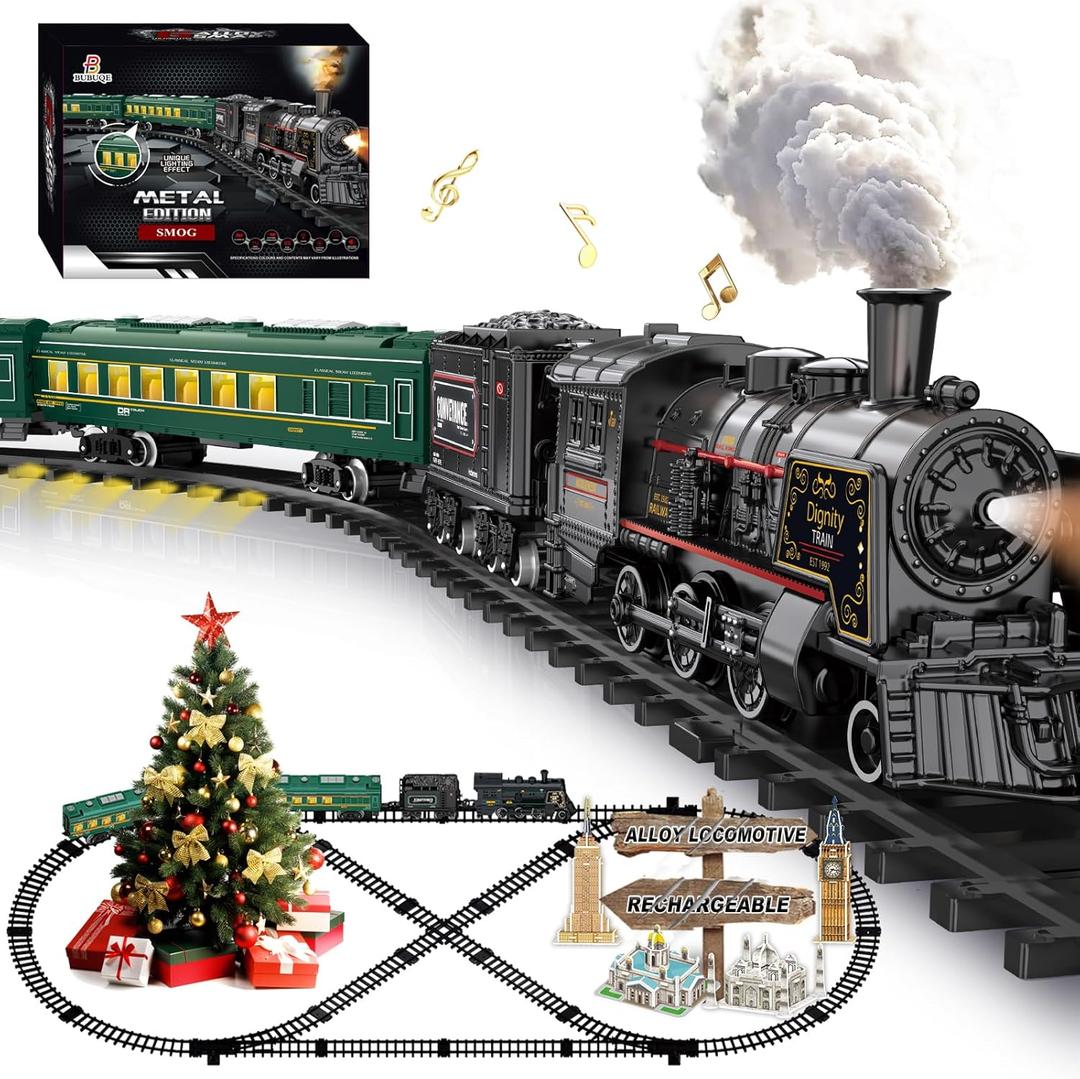 Electric Train Sets for Kids Metal Alloy Christmas Train Toys Steam Locomotive, Glowing Passenger Carriages, Luxury Tracks, Light & Sounds Rechargeable Birthday Gifts for Boys Girls Red Green