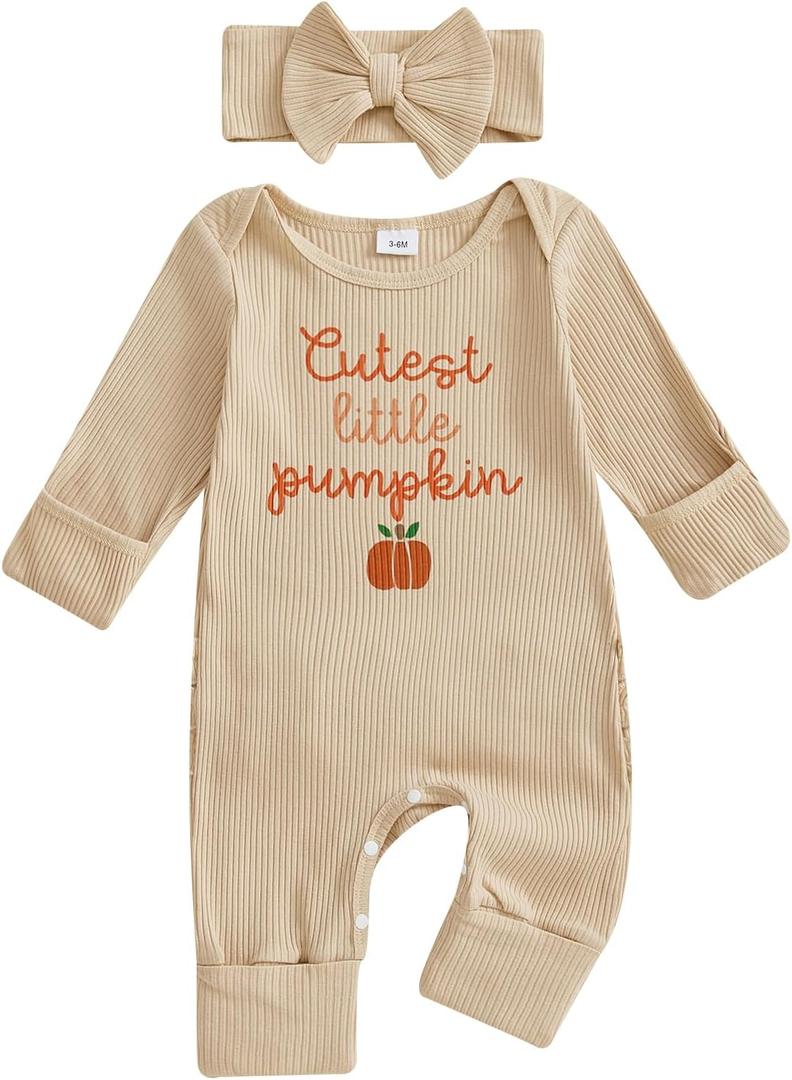 My First Halloween Baby Girl Outfit Cutest Pumpkin Long Sleeve Romper Jumpsuit Newborn Girl Outfits Clothes (Beige)