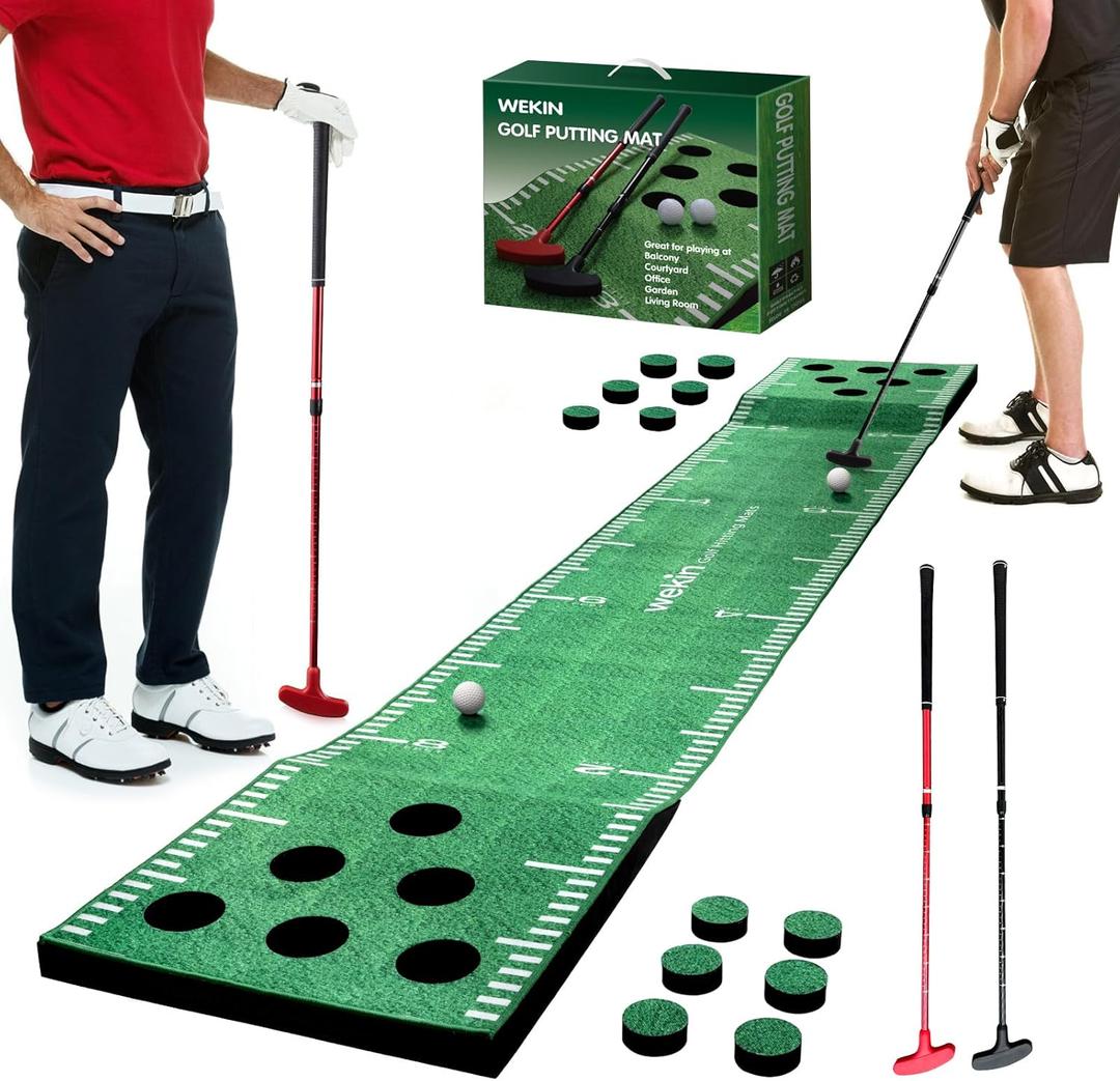 Wekin Golf Pong Game Set,Indoor Putting GreenTurf Mat with 2 Adjustable Putters, 2 Balls,16 Hole Covers, Golf Training Mat for Backyard,Office,Game Room &House Parties
