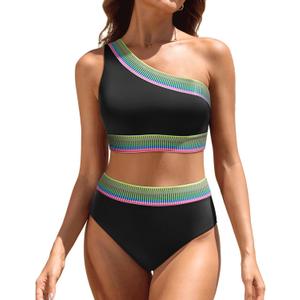 Women High Waisted Bikini Set - One Shoulder Two Piece Swimsuits Color Block Bathing Suits with Swimwear Bottom (X-Large, Black)