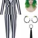 Adult Black and White Striped Suit for Women Horror Movie Character Cosplay Halloween Costumes Striped Blazer Outfit (Medium)