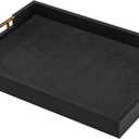 Rectangular 18×14 Inch Black Wood Ottoman Serving Tray with Metal Handles Decorative Wooden Large Faux Leather Coffee Table Organizer Tray for All Occasions Black