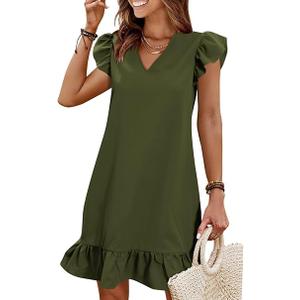 QACOHU Spring Summer Dresses for Women 2026 V Neck Cap Sleeve Ruffle Hem Smock Short Casual Beach Dress (S,  01-army Green)
