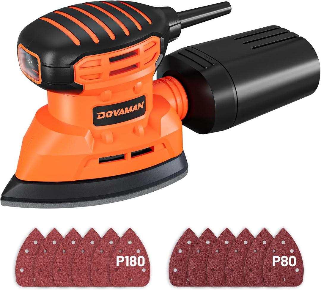 DOVAMAN 130W Detail Sander, 12000RPM Palm Sander Tool, Dust Collection System, 12PCS Sandpaper, Compact Hand Tool for Wood Steel Surfaces