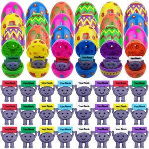 24 Pack Prefilled Easter Eggs with Mini Rubber You Rock Toys Inside Positive Mini Figures for Kids Girls Boys Easter Basket Stuffers Gifts Party Favors