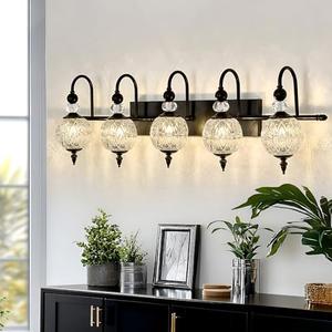 Piepooye Vintage Bathroom Lights Fixtures Black Vanity Light with Glass Globe LampShade 5 Lights Mid Century G9 Bulb Wall Sconce Indoor Vanity Light Over Mirror for Living Room Bedroom Farmhouse
