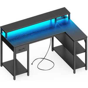 SUPERJARE 47 inch Reversible L Shaped Desk with LED Lights & Power Outlets, Computer Desk with Shelves & Monitor Stand, Gaming Desk with Drawer, Home Office Desk Corner Desk, Black