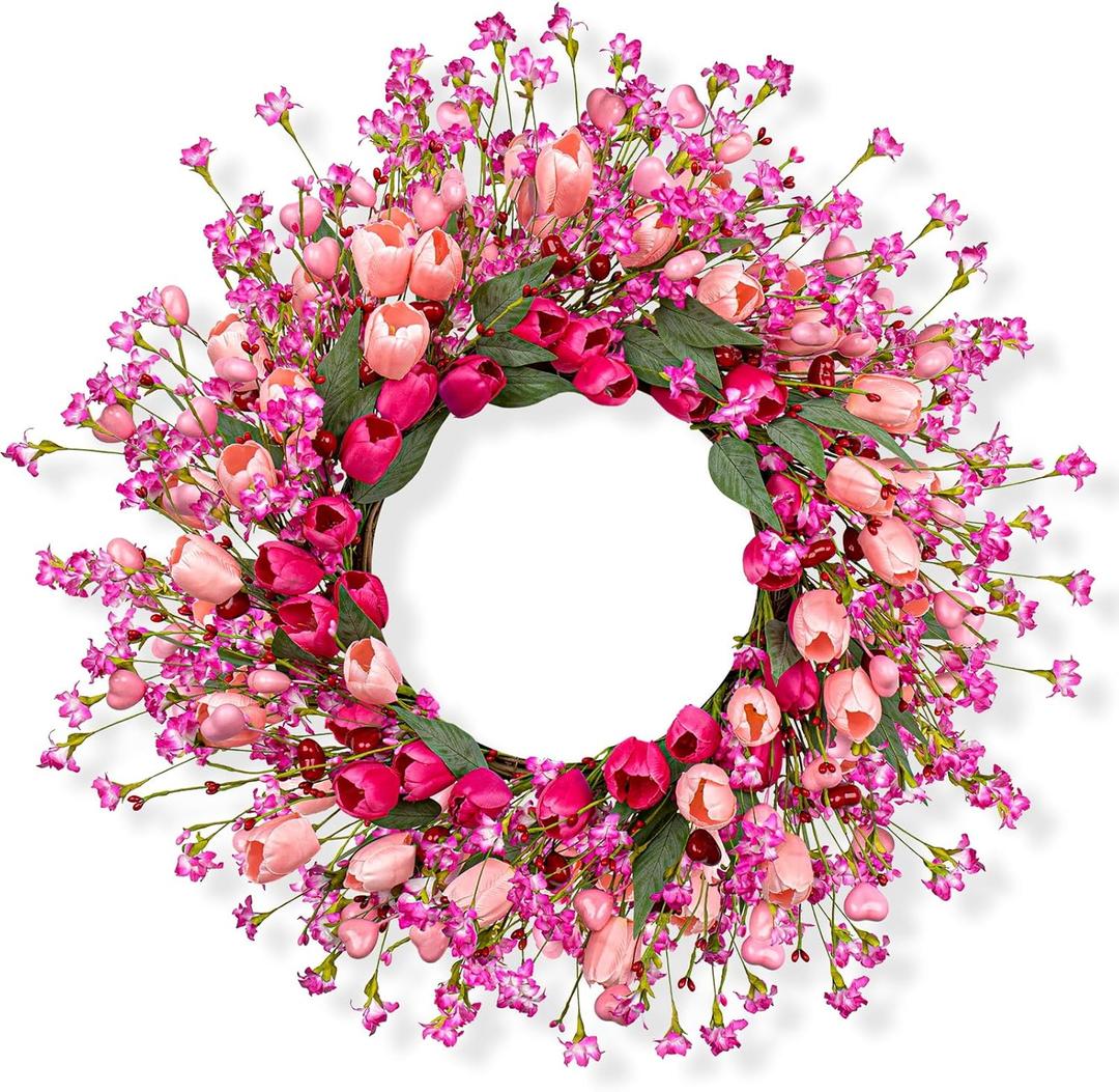 J'FLORU 22 Inch Valentines Day Wreath Pink Valentine's Day Wreaths for Front Door Tulip Wreath with Red Hearts and Berries for Valentine Wedding Anniversary Candlelight Dinner