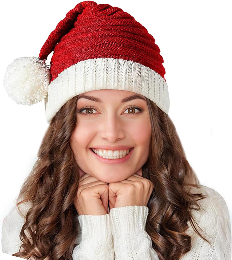 Santa Hat Christmas Hat for Adults Kids/Baby, Red Knitted Beanie Hats with Pompom, Unisex Xmas Holiday Hats with Gift Bag
