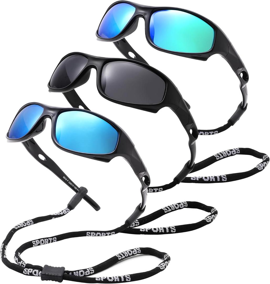 Pro Acme Kids Sunglasses for Boys Girls, Polarized Sports Youth Sunglasses with Strap for Kids Ages Color 3-12 (A2 Black/(Blue Mirrored+ Green Mirrored)+ Black/Gray)