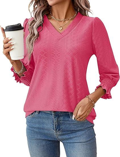 Rapbin 3/4 Length Sleeve Women's Tops Summer Trendy Puff-Sleeve V-Neck Blouses Dressy Casual Textured Smocked T-Shirt,  S