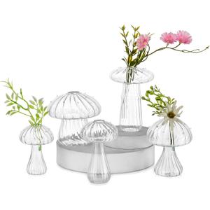 Hewory Glass Mushroom Vase for Flowers, 5pcs Clear Small Bud Flower Vases Unique, Mushroom Propagation Hydroponic Vases, Funky Cottagecore Decor for Home Room Kitchen Office Windowsill Decorations