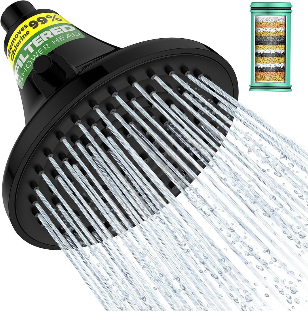 High Pressure Filtered Shower Head, One-Button Filter Replacement, Removes Chlorine & Impurities, Say Goodbye to Dry Skin & Frizzy Hair, 1-Minute Installation, Matte Black