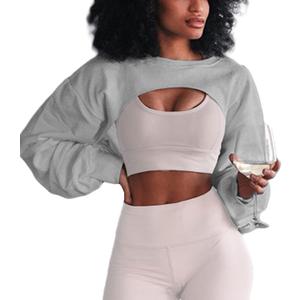 LovelyWholesale Womens Crewneck Cropped Sweatshirt Long Sleeve Super Crop Top Workout Gym Aesthetic Grey Large (L)