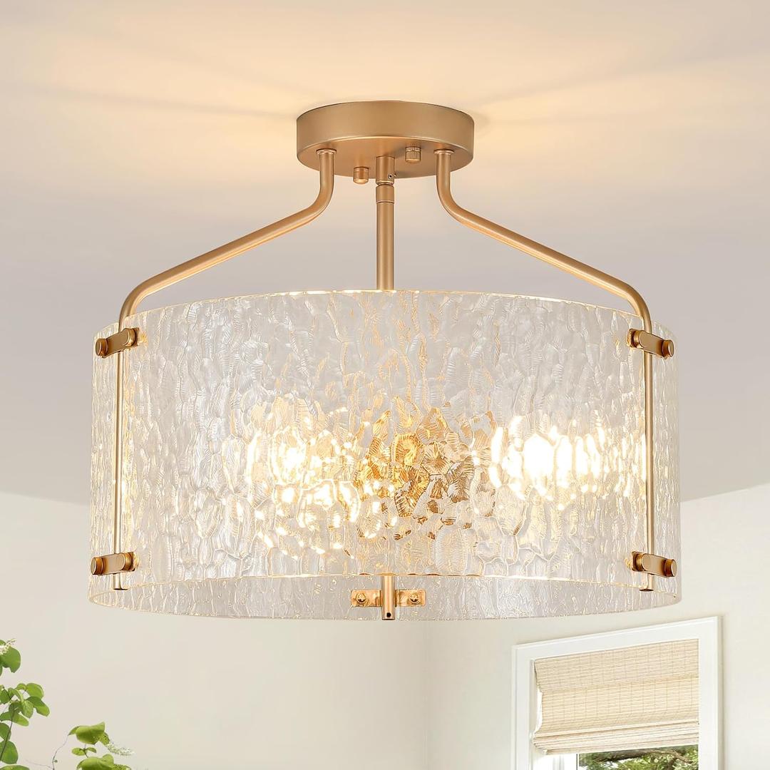 Semi Flush Mount Ceiling Light Fixture Glass Drum Chandelier Entryway Light Fixture 16''Gold Flush Mount Ceiling Lights 3-Light Foyer Lighting fixtures for Living Room Hallway Bedroom