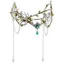 MOSTORY Woodland Fairy Headpiece for Women - Green Elf Crown with Tassel for Medieval Fairy Costume Renaissance, Floral Circlet for Fairycore Cosplay Renfaire Photo Shoot Viking Aesthetic