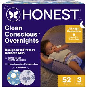 The Honest Company Comfort Dry Overnight Diapers, Up to 12 Hours Protection, Hypoallergenic, Cozy Cloud + Star Signs, Club Box Size 3 (16–28 lbs), 52 Count